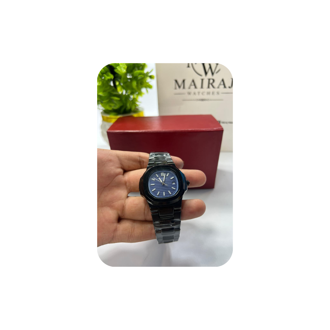 PATEK Black Steel Watch for Men | Premium Blue Dial Stainless Steel Wrist Watch