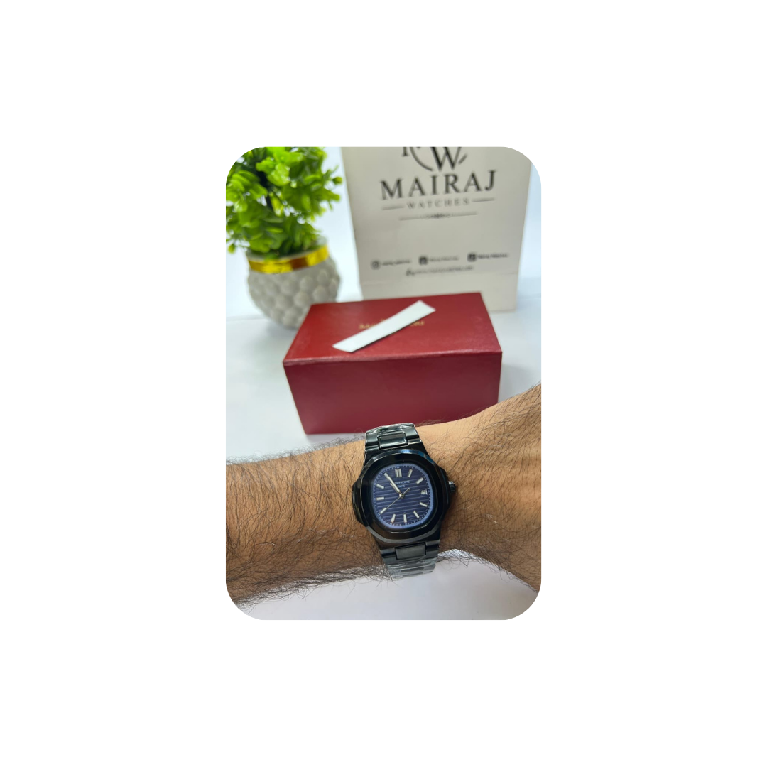 PATEK Black Steel Watch for Men | Premium Blue Dial Stainless Steel Wrist Watch