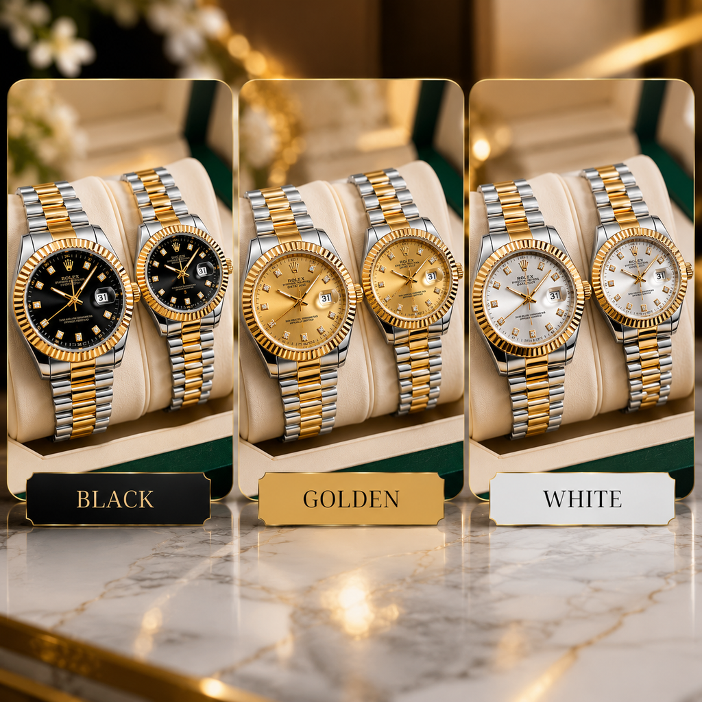 Rolex Datejust Couple Watch Set – Black Dial Gold & Silver Premium Edition