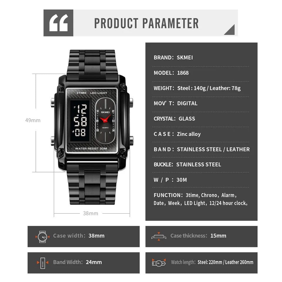 Skmei 3 Time Sports Watch With Stainless Steel Water proof