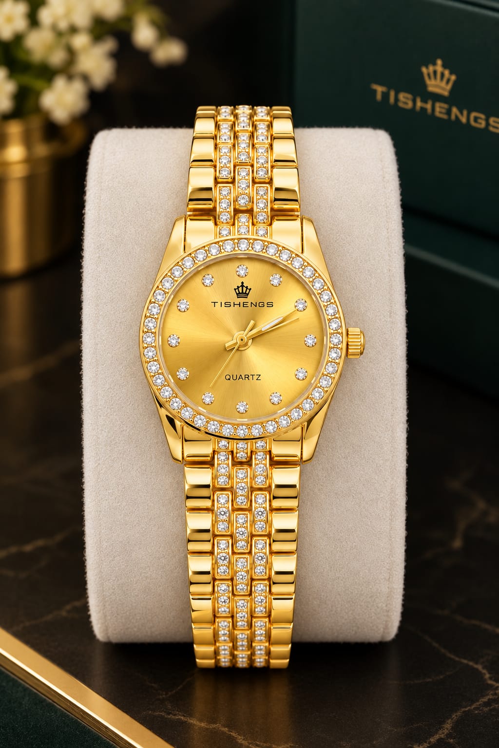 Luxury Gold Crystal Diamond-Style Quartz Watch for Women