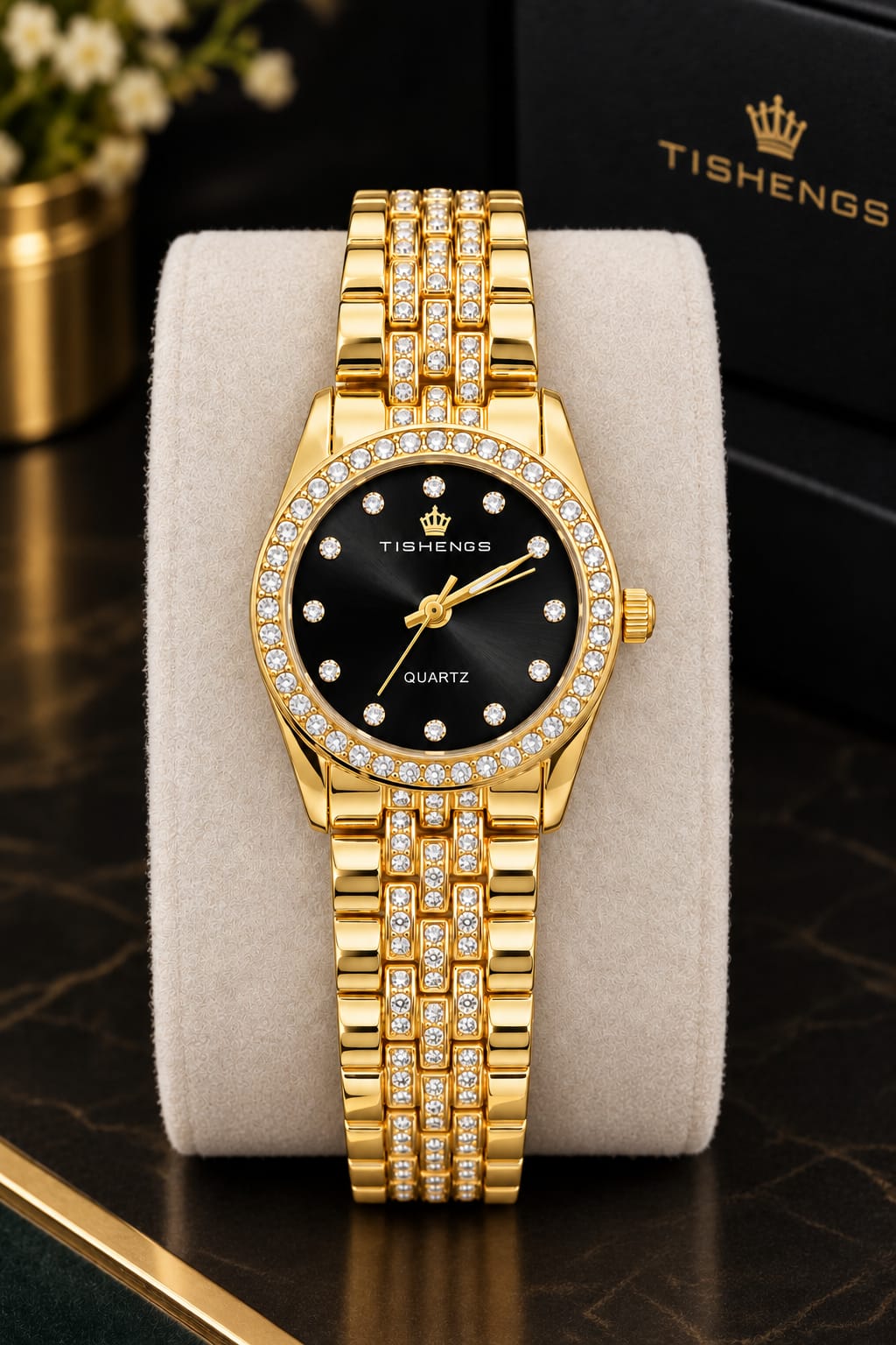 Luxury Gold Crystal Diamond-Style Quartz Watch for Women